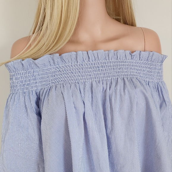 STORETS PINSTRIPE BLUE WHITE SMOCKING OFF THE SHOULDER FLOWY SHIRT TOP ONE SIZE - Picture 6 of 16